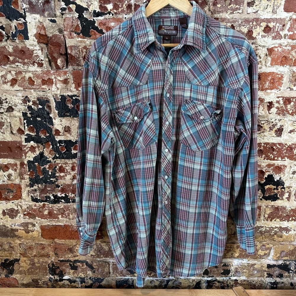VTG Outlaw Flannel Western Shirt Pearl Snap XL Long Sleeve Blue Plaid